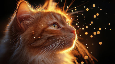A cat's profile is highlighted against a dark background, with sunlight illuminating dust particles in the air, creating a magical atmosphere.の素材