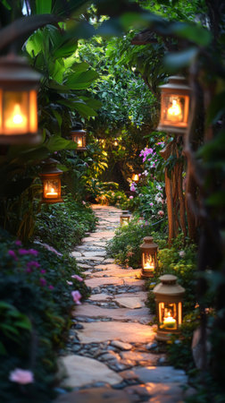 A tranquil garden path is lined with glowing lanterns, casting warm light on the stone walkway. Lush greenery and colorful flowers create a peaceful, enchanting atmosphere.の素材