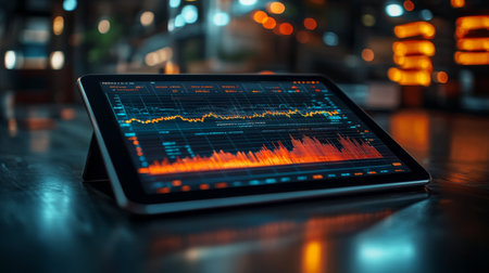 A tablet showcases stock market data with colorful graphs while surrounded by illuminated city lights during nighttime. The bustling atmosphere reflects investment activity.の素材