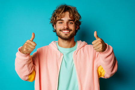 A young man with curly hair and a beard smiles and shows both thumbs up in front of a vibrant blue wall, conveying positivity and enthusiasm in a casual setting.の素材