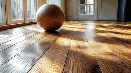 A clear glass orb filled with amber liquid sits on a wooden floor in a well-lit room with natural light streaming through the windows, enhancing the tranquil ambiance.の素材
