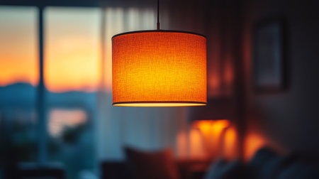 A hanging lamp emits a warm orange light, casting a cozy ambiance in a room with soft furnishings while the sunset glows through a window in the background.の素材