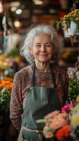 A young woman with long silver hair stands confidently in her flower shop, surrounded by a stunning array of vibrant flowers, enjoying a cheerful summer day.の素材