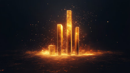 Four gold bars of varying sizes are stacked sequentially on a wooden table. The shiny surface reflects light, creating an elegant, luxurious appearance with a soft pastel backdrop.の素材