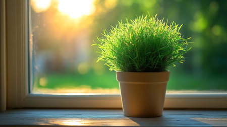 A small green plant in a clay pot sits on a wooden windowsill, basking in soft sunlight that filters through the window, creating a warm and inviting atmosphere indoors.の素材