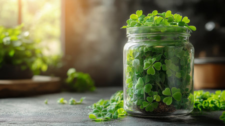 A glass jar filled with vibrant green clover leaves sits on a dark countertop. Morning sunlight streams in, creating a warm and inviting atmosphere in the kitchen.の素材