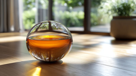 A clear glass orb filled with amber liquid sits on a wooden floor in a well-lit room with natural light streaming through the windows, enhancing the tranquil ambiance.の素材