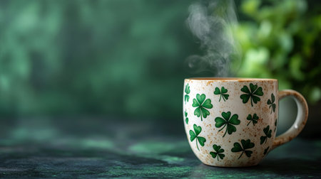 A warm cup of coffee or tea sits on a rustic wooden table, adorned with clover designs. Steam rises gently, highlighting a bright, sunny garden backdrop filled with greenery.の素材