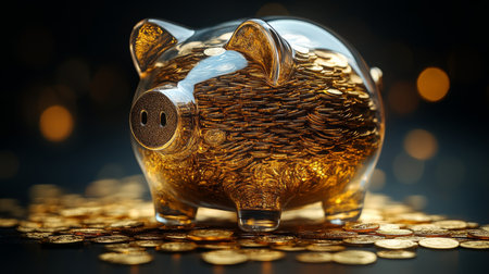 A glass piggy bank overflowing with gold coins sits on a dark surface, symbolizing savings and financial growth. The shining coins create an inviting atmosphere of wealth and prosperity.の素材