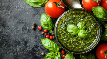 A vibrant dish featuring homemade basil pesto in a glass jar surrounded by fresh tomatoes, basil leaves, and colorful peppercorns on a dark countertop.の素材