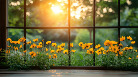 Bright sunlight filters through a window, illuminating a vibrant garden lined with cheerful yellow flowers. The warm glow enhances the natural beauty outside.の素材