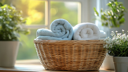 A woven basket holds neatly folded soft towels, surrounded by delicate flowers and warm sunlight, creating a relaxing and inviting atmosphere in a serene interior.の素材