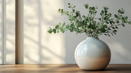 A stylish eucalyptus plant is arranged in a glossy white vase placed on a warm wooden table. The soft pink background enhances the peaceful ambiance of the setting.の素材