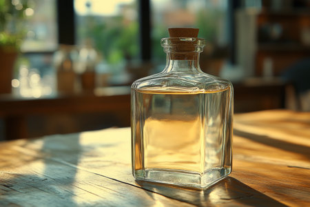A clear glass bottle stands on a rustic wooden table, illuminated by soft sunlight. A vase with yellow flowers is out of focus in the background, creating a warm atmosphere.の素材
