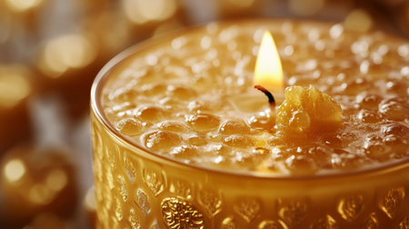 A beautifully decorated candle with a golden motif is lit, casting warm light across a serene backdrop. The ambiance creates a sense of tranquility and comfort in the evening air.の素材