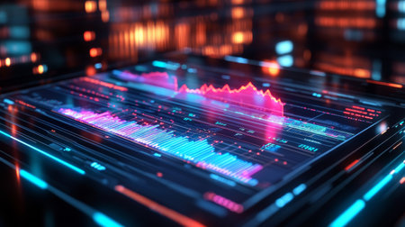 A tablet showcases stock market data with colorful graphs while surrounded by illuminated city lights during nighttime. The bustling atmosphere reflects investment activity.の素材