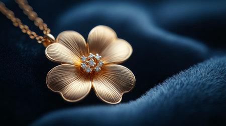 A delicate gold necklace featuring a flower pendant with intricate designs and a small gemstone is draped over a smooth black fabric, highlighting its beauty and craftsmanship.の素材