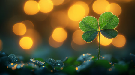 A vibrant clover plant rises prominently amidst lush greenery, illuminated by a soft golden light that creates a magical atmosphere, evoking tranquility and nature's charm.の素材