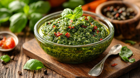 A vibrant dish featuring homemade basil pesto in a glass jar surrounded by fresh tomatoes, basil leaves, and colorful peppercorns on a dark countertop.の素材
