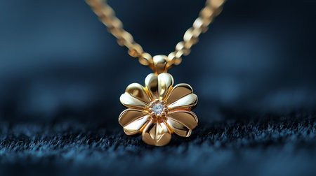 A delicate gold necklace featuring a flower pendant with intricate designs and a small gemstone is draped over a smooth black fabric, highlighting its beauty and craftsmanship.の素材