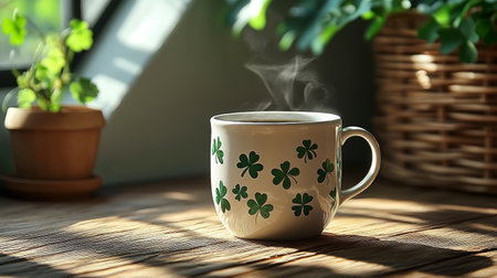 A warm cup of coffee or tea sits on a rustic wooden table, adorned with clover designs. Steam rises gently, highlighting a bright, sunny garden backdrop filled with greenery.の素材