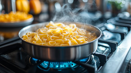 Fresh pasta cooks in a stainless steel pan on a stovetop with steam rising in a warm kitchen. Ingredients surround the cooking area, creating a homely cooking atmosphere.の素材