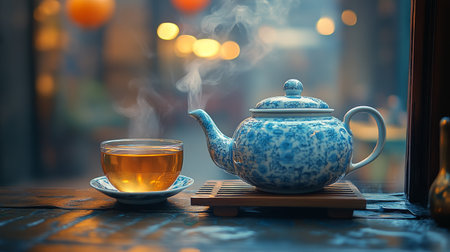 A steaming teapot sits next to a cup on a wooden table surrounded by a breathtaking view. The landscape features misty hills bathed in the warm glow of early morning light.の素材