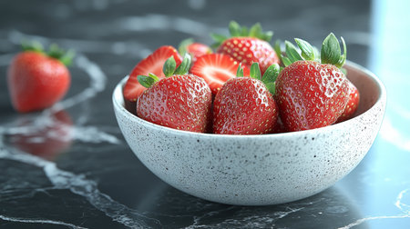A bowl filled with freshly washed strawberries rests on a smooth marble countertop. Several strawberries are placed nearby, showing their vibrant color and freshness.の素材