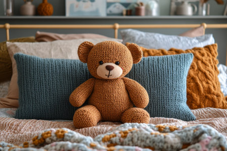 A soft teddy bear with a friendly expression rests on a bed, nestled among vibrant knitted pillows. The cozy setting gives a warm and inviting feel to the room.の素材
