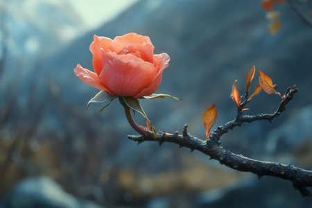 A stunning pink rose displays its intricate petals and fresh green leaves, resting on a slender branch.の素材