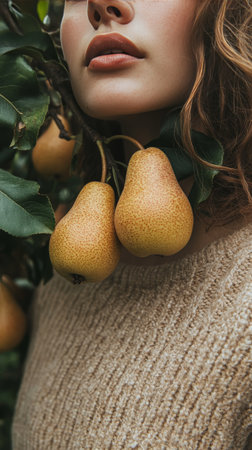 Three ripe pears with a golden hue and speckled skin dangle from a tree branch in an orchard. The sunlight highlights their texture, signaling the autumn harvest.の素材