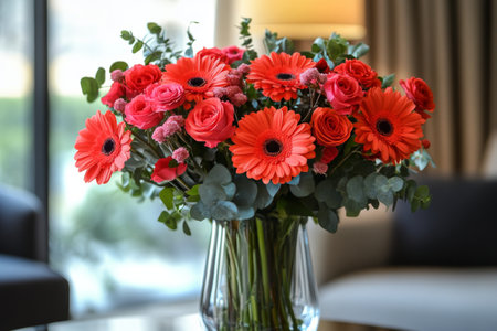 A vibrant bouquet filled with gerbera daisies and roses sits in a clear vase on a table within a stylish living room, illuminated by natural light.の素材