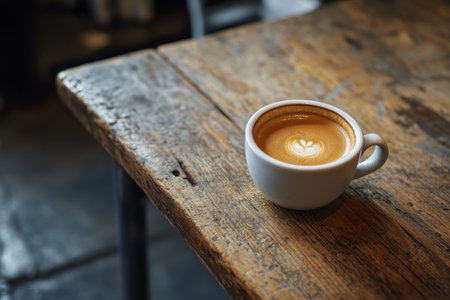 A cup of coffee sits on a saucer atop a weathered wooden table, illuminated by soft natural light that creates a serene atmosphere in the room.の素材