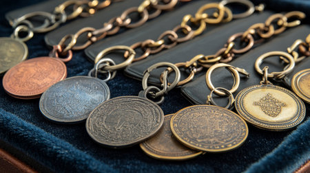 Various metal tokens in vibrant colors and textures are arranged closely on a fabric surface, showing their unique designs and historical character.の素材