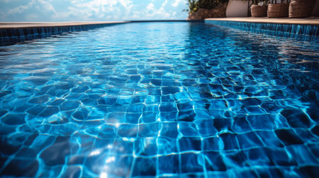 Modern villa features a breathtaking infinity pool with a view of the ocean, surrounded by serene landscapes on a bright sunny day.の素材