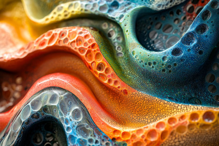 Bright, swirling patterns display a mix of colors with bubbles and waves, showing the intricate beauty of fluid art. The rich textures create a visually striking composition.の素材