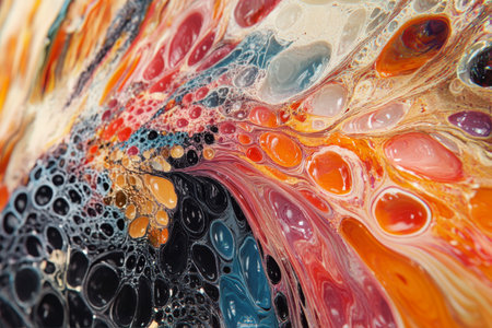 Bright, swirling patterns display a mix of colors with bubbles and waves, showing the intricate beauty of fluid art. The rich textures create a visually striking composition.の素材