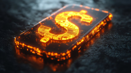 A glowing orange dollar sign is displayed on a dark, textured background, representing digital currency and finance concepts illuminated in a modern design.の素材