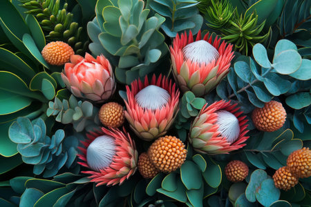 A vibrant display featuring native flowers and lush succulents, capturing an array of colors and textures. This arrangement highlights the richness of flora in a natural setting.の素材