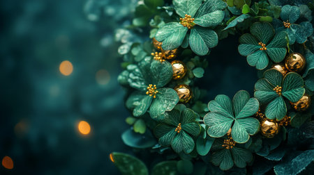 A circular wreath features vibrant green leaves and shiny golden ornaments, evoking a joyful atmosphere suitable for celebrations and gatherings.の素材