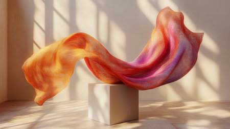 Soft orange fabric waves elegantly in the air, illuminated by warm light, creating an ethereal atmosphere above a clean white pedestal.の素材