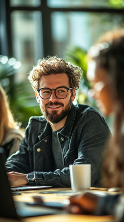 A man with curly hair and glasses smiles while engaging in conversation with a woman in a lively cafe. The atmosphere is bright and welcoming with lush plants in the background.の素材