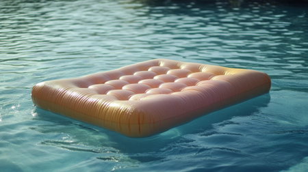 A soft, white mattress peacefully floats on calm water, reflecting the glowing colors of sunset. The setting evokes a sense of tranquility and relaxation by nature's beauty.の素材