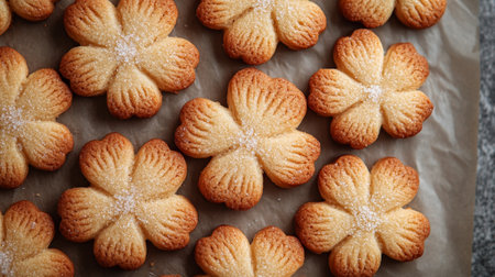 Freshly baked cookies shaped like flowers are placed on parchment paper, showing a golden-brown color and sprinkled with sugar. The cozy setting enhances their appeal.の素材