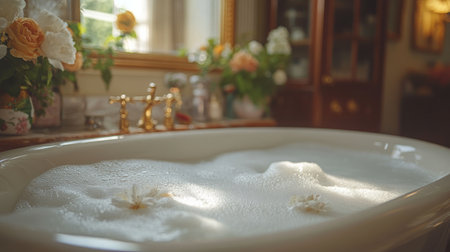 A bouquet of white tulips sits in a white vase by a bright window. Sunlight filters through sheer curtains, casting a warm glow on the cozy setting.の素材