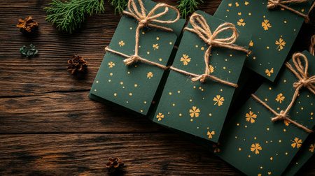 A collection of five green gift tags adorned with gold flower designs rests on a wooden table surrounded by pinecones and candles, creating a warm, festive atmosphere.の素材
