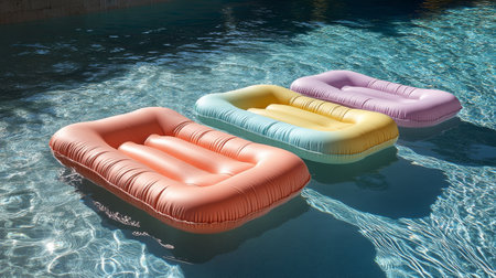 A soft, white mattress peacefully floats on calm water, reflecting the glowing colors of sunset. The setting evokes a sense of tranquility and relaxation by nature's beauty.の素材