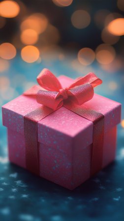 A beautifully wrapped blue gift box adorned with a peach ribbon sits against a dark background filled with soft bokeh lights, creating a magical atmosphere perfect for celebrations.の素材