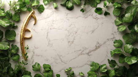 A beautiful arrangement of vibrant clover leaves encircles two golden wedding rings on a smooth marble surface, creating an elegant and romantic atmosphere perfect for celebrations.の素材