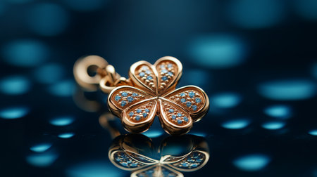 A beautifully crafted gold flower pendant hangs delicately, showcasing intricate designs and a central stone, illuminated against a shimmering background.の素材